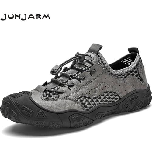 JUNJARM Summer Outdoor Men Sneakers Fashion Quality Leather with Mesh Running Casual Shoes Light Men Sports Shoes Big Size 38-46