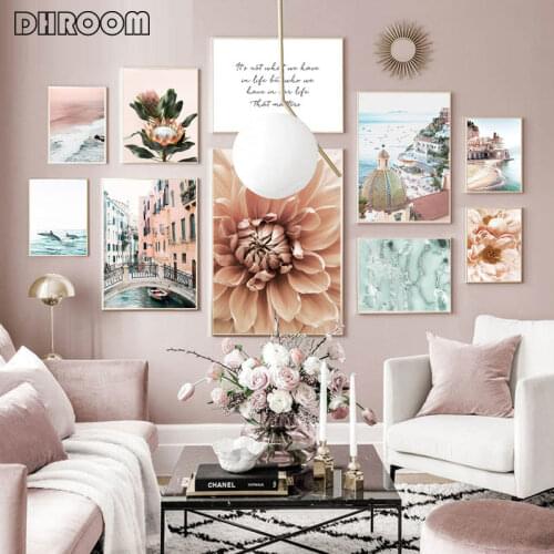 Summer Floral Wall Poster Pink Flowers Canvas Print Seaside Dolphins Landscape Art Painting Nordic Home Decoration Picture