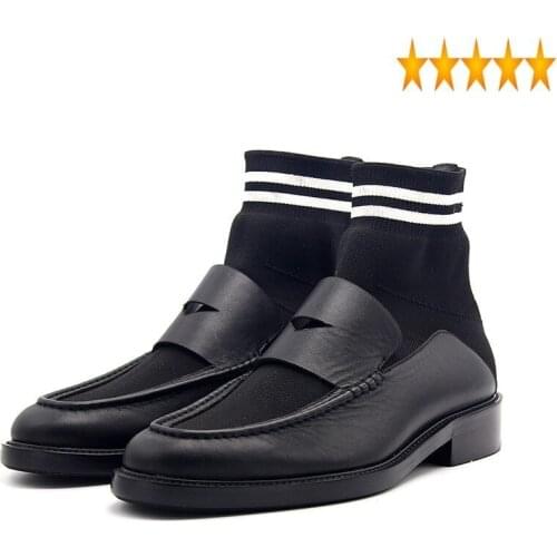 Sock Fashion Stretch Patchwork Real Leather Loafers Shoes Men Autumn Winter Casual Business Slip On Warm Cotton Boots
