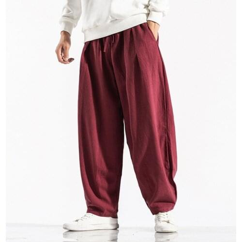 Mens Solid Color Drawstring Harem Pants Harajuku Men Loose Ankle-Length Trousers Streetwear Male Casual Mid Rise Pockets Pants