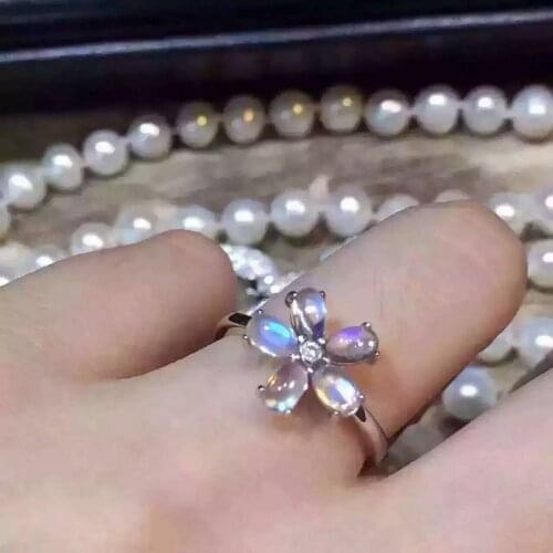 Natural blue moonstone gem Ring S925 Silver Natural Gemstone Fashion Elegant Flowers Ring Womens party gift Rings Jewelry