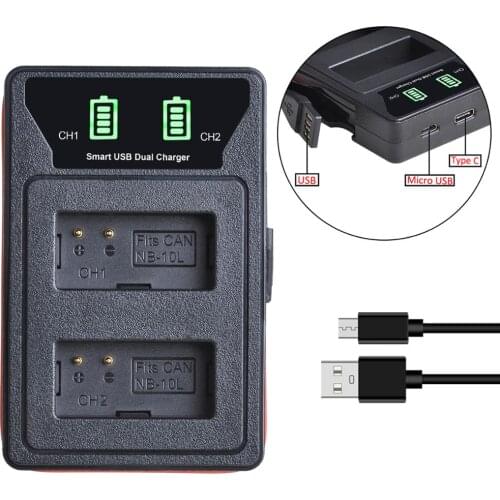 NB-10L NB10L NB 10L Battery Charger with USB and Type C Port for Canon G1X G15 G16 SX40HS SX50HS SX60HS SX40 SX50 Battery