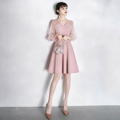 Special Occasion Dresses Vintage V-Neck Full Lace A-Line Luxury Soybean Pink Knee-Length Elegant Fashion Women Prom Gown E822