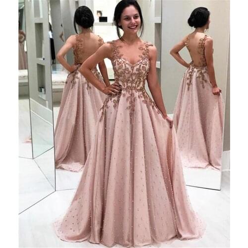 Sexy Backless Evening Dress Long Elegant Beaded Pearl Tulle Appliques Evening Gowns Illusion A Line Formal Party Dress