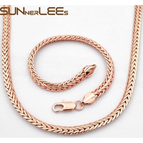 SUNNERLEES Fashion Jewelry Rose Gold Color Necklace Bracelet Set 6mm Popcorn Snake Link Chain For Mens Womens Gift C27 S