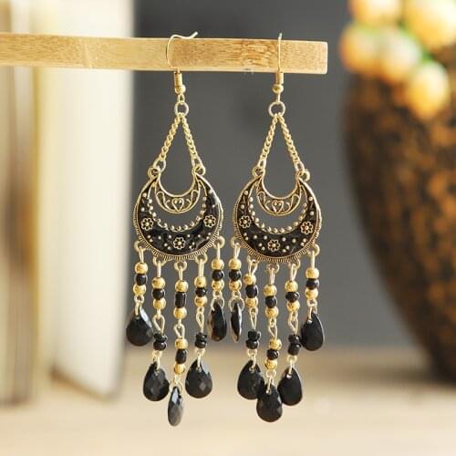 Womens Crescent Moon Alloy Long Chain Tassel Dangle Earrings Bohemia Crystal Beads Drop Earrings Jhumka Tibetan Jewelry