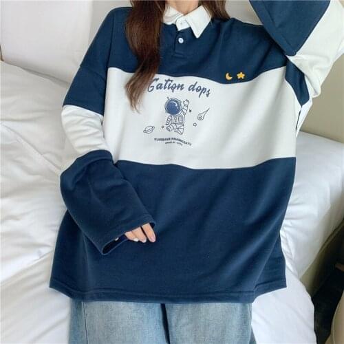 American Vintage Astronaut Letter Print Navy Blue Cool Women Pullover Polo Collar Cotton Loose Sprot Kawaii Sweatshirt sudaderas