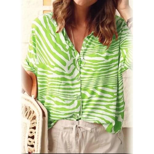 Women Tops Summer Zebra-Stripe Collar Button Short Sleeve Loose Casual Top Shirt Blouse Womens Clothing 2021 blouses