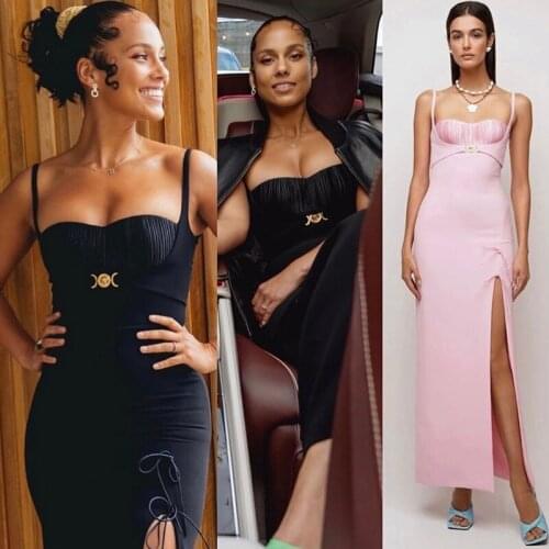 Sexy Spaghetti Strap Metal Patchwork Women Bandage Long Party Dress Black Pink High Split Lace Up Femme Club Vestidos BD2103