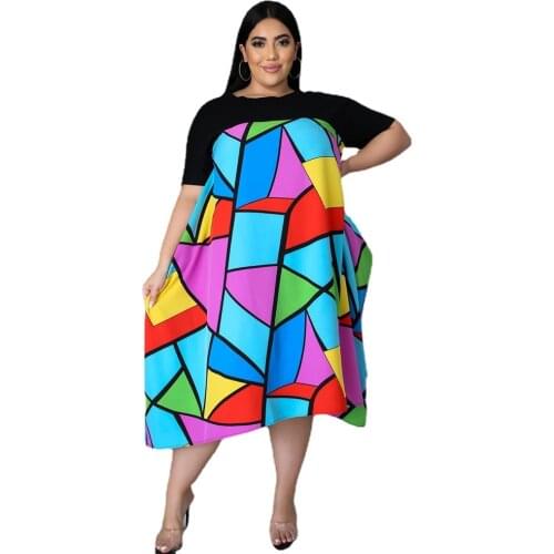 Printed Dress Color Plaid Geometric Figure Dress Plus Size Fashion Women Dresses High Street Wear Drop Shipping