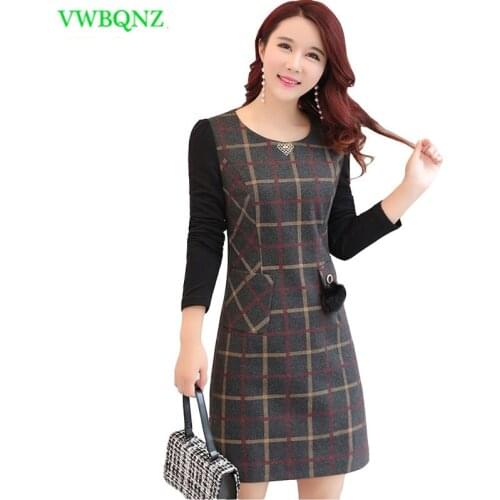 Lattice Woolen Dress Women Spring Autumn New Slim Plus size Dress Elegant Women Long sleeve Wild Package hip Base Dress 4XL A46