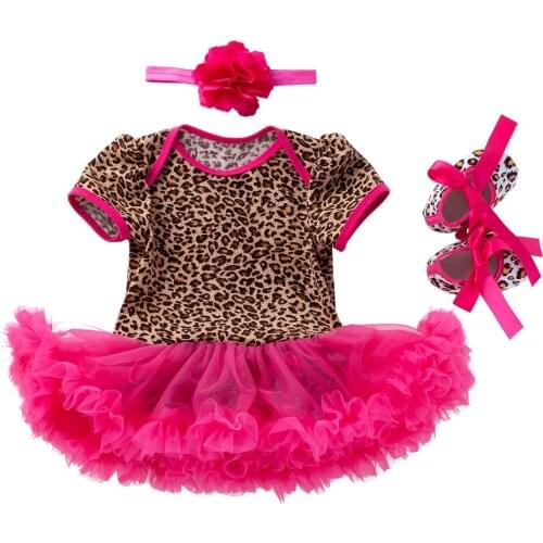 Baby Girls Short Sleeve 100% Cotton Leopard Rompers+Red Flowers Turban+Shoes 3PCS Clothing Sets Rompers Summer Clothing Set