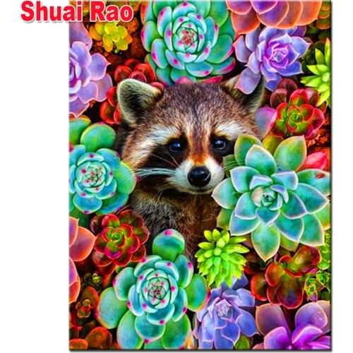 5D Animal Diamond Painting Succulent Plants Full Square/Round Diamond Embroidery Cute raccoon Home Decor Mosaic Christmas Gift