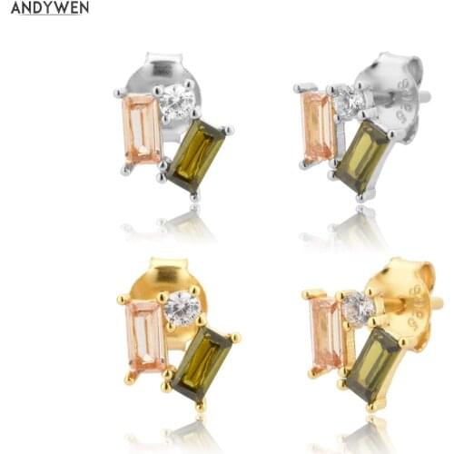 ANDYWEN 925 Sterling Silver Olive Champagne Colorful Zircon Stud Earring Piercing Luxury Women Fashion Rock Punk Jewelry Crystal
