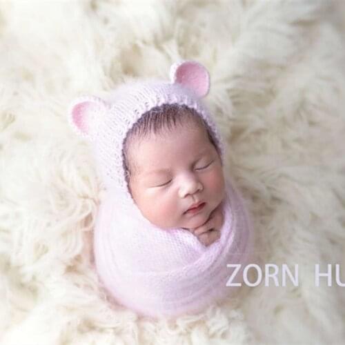 Angora Teddy Bear Bonnet Set Fluffly Stretch Knit Wrap Full Set Hand knitted animal bonnet Sweater Layer Photogarphy props