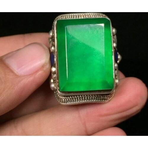 Qing Dynasty old jadeite jade ice seed square ring face inlaid with silver ring