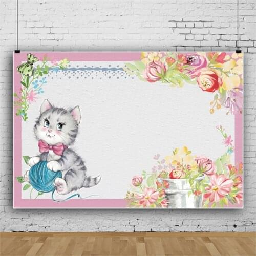 Cute Little Cat Animated Flowers Lamb Photo Backdrop Children Birthday Party Photography Studio Prop Customized Backgrounds
