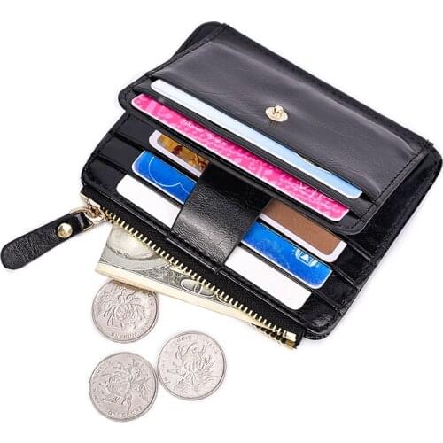 Fashion Small Oil Wax Leather Wallet Women Stylish Zipper & Hasp Card Wallet Men High Quality Short Credit Card Holder Purse