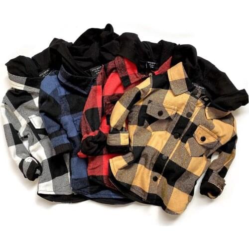 2021 Newest Casual Toddler Baby Boys Girls Hooded Shirts Coats Plaid Print Long Sleeve Button Cotton Top Sweatshirt Fall Outwear