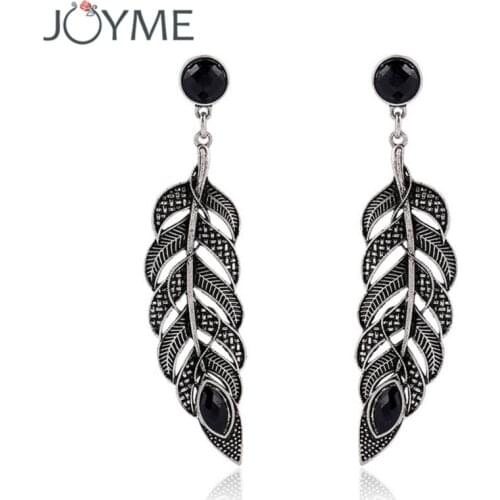 New European and American trade vintage fashion feather leaf earrings jewelry Antique Tibetan silver bohemian drop earrings