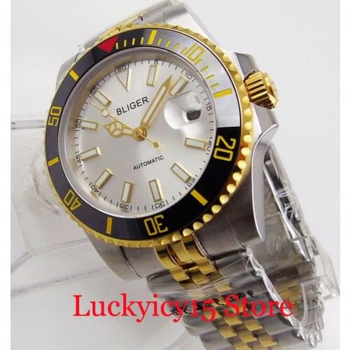 BLIGER New Gold Plated Self Winding Men Watch Jubilee Band Ceramic Bezel Gold Hands MIYOTA Movement