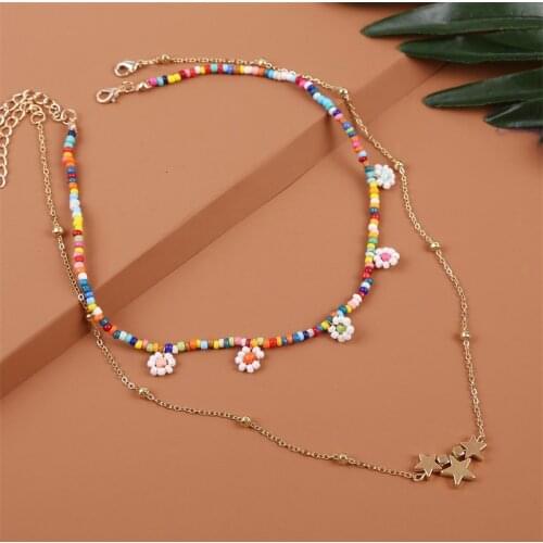 2 Pcs/Set Boho Multicolor Beaded Flower Necklaces For Women Fashion Gold Color Metal Chain Long Necklace Star Pendant Jewelry