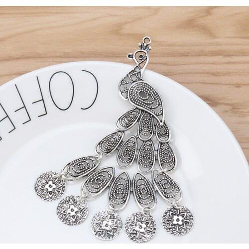 2 Pieces Large Filigree Peacock Animal Tibetan Silver Charms Pendants for Necklace Jewellery Making Findings 105x75mm