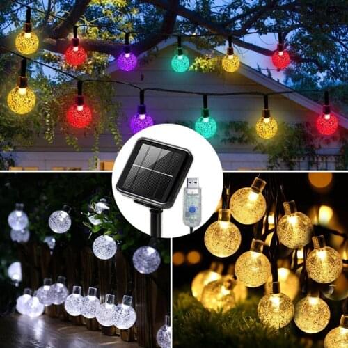 Solar String Lights Outdoor, 50/ 100LED Solar Garden Lights USB/Solar Powered Waterproof LED Crystal Ball Hanging Solar Lights