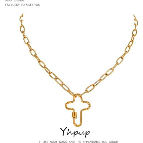 Yhpup Fashion Cross Pendant Necklace New Stainless Steel Women Jewlery Statement Chain Metal Texture Necklace Gift Gala Gift
