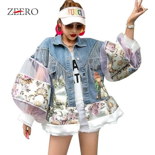 Women Mesh Patchwork Lantern Sleeve Beaded Tassel Denim Jacket Loose Embroidered Lace Streetwear Coat Outerwear Blue Jean Jacket