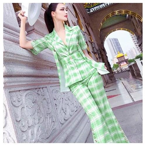 Women 2021 Summer New Fashion Plaid Two Piece Sets Female Short Sleeve Slim Coats Ladies High Waist Split Flared Pants Suits M15