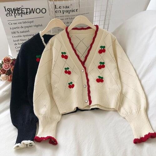 Embroidered Cardigans Knit Wear Sweet Puff Sleeve Short Autum Winter V Neck Cherry Sweaters Women
