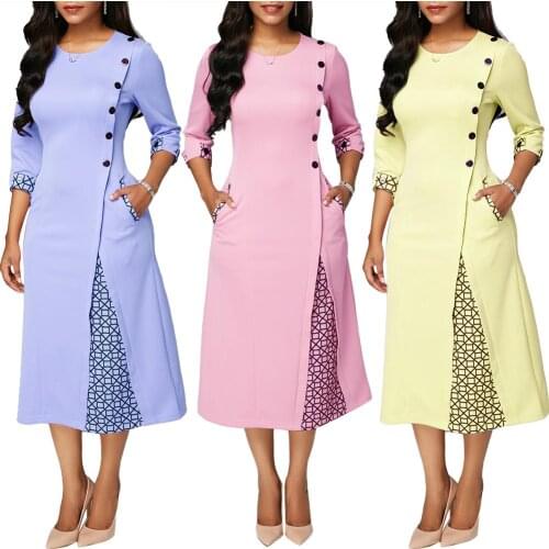 Hot apparel Plus Size Dresses Party Women Autumn Geometric Patchwork 3/4 Sleeve Midi Swing Dress