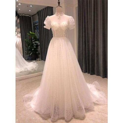 SL-8145 high neck puff sleeve wedding dress 2021 lace pearls simple elegant cheap bridal gown beads wedding gowns for bride