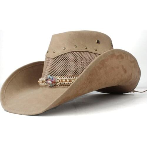 100% Leather Men Women Mesh Western Cowboy Hat Wide Brim Hat Outdoor Sombrero Hombre Cowgirl Hat