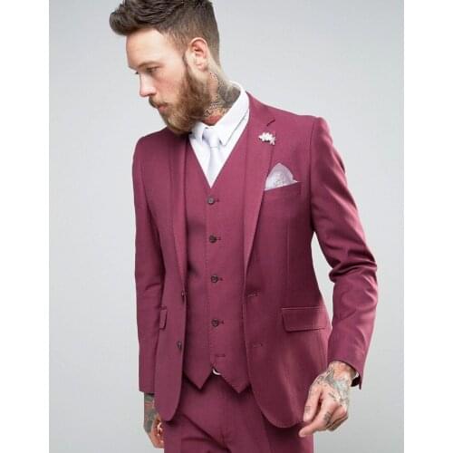 2017 Latest Coat Pant Designs Burgundy Men Suit Jacket Slim Fit Skinny 3 Piece Tuxedo Groom Prom Suits Fashion Blazer Masculino