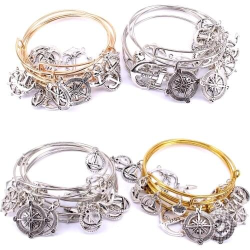 5pcs Bangle Set 4 Colors Available Wire Bracelets for Women Girls Jewllery Mixed Styles Expandable Anchor Charm Bracelets C037