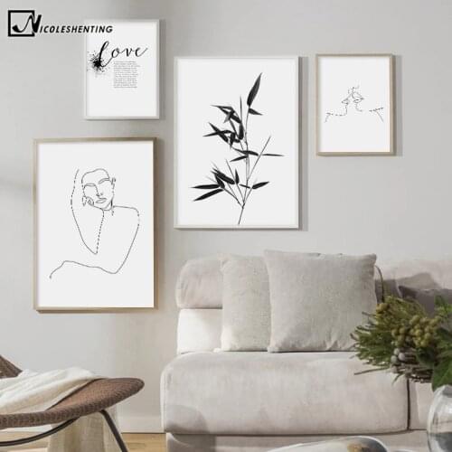 Black White Line Drawing Wall Art Picture Abstract Poster Canvas Print Minimalist Painting Bamboo Love Quotes Nordic Decoration