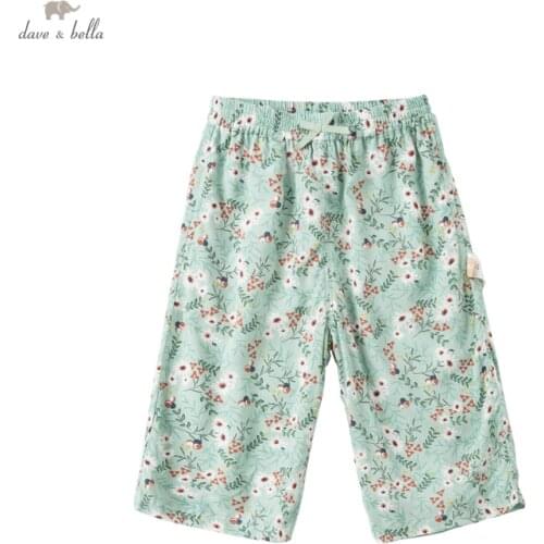 DBM17791 dave bella summer baby girls fashion bow floral print pants children calf length kids pants infant toddler trousers