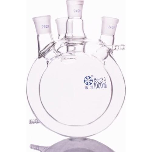 Double-deck spherical four icro oblique necks round bottom flask,Capacity 1000ml,Joint 24/29,Mezzanine jacketed reactor bottle