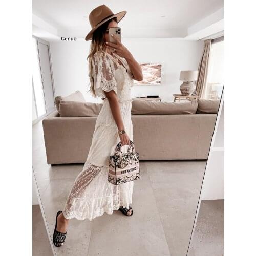 Elegant Hollow Out White Dress Women Long Lace Dress Cross Semi-Sheer Plunge V-Neck Short Sleeve Maxi Dress Princess Vestidos