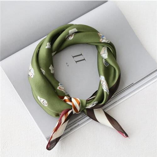Korean Classy Chic 60CM Small Square Silk Scarf For Women Neck Scarves Dogs Chain Dots Clean Print Kerchief Vintage Ladies Scarf