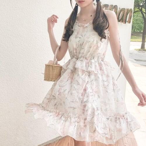 Summer Vacation Cute Womens Sleeveless Chiffon Floral Dress Suspender Backless Ruffles Trim One Piece Cool Fairy Kei