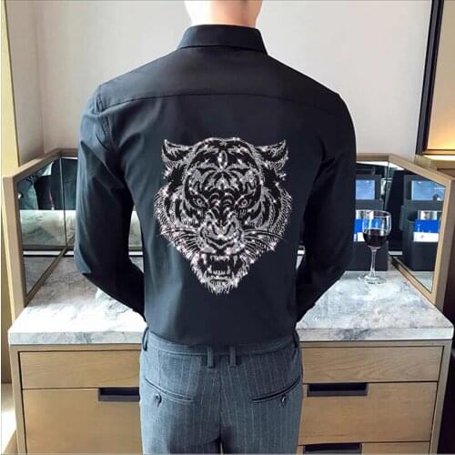 2021 Brand Mens T-Shirt Long Sleeve High Quality Hot Diamond Animal Lapel Business Workwear New Original Design Button