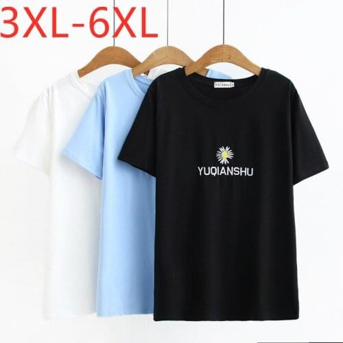 New 2021 Ladies Summer Plus Size Tops For Women Large Short Sleeve Cotton Blue Floral Embroidery O-neck T-Shirt 3XL 4XL 5XL 6XL