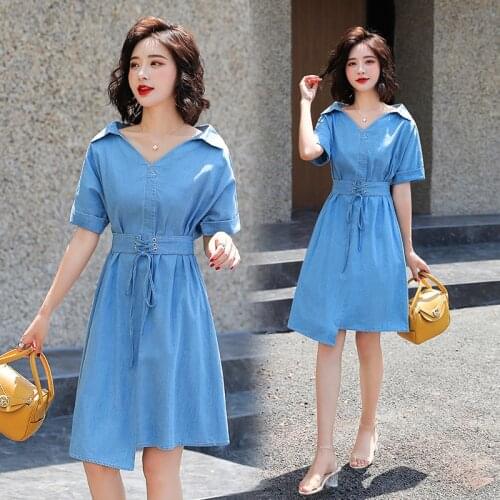 New Summer Women Dresses Casual Plus Size Turn-Down Collar Collect Waist Slim Solid Jeans Dress For Females Denim One-Piece