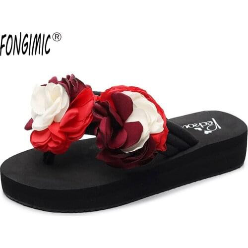 4 Cm High Heel Womens Summer New Flat Bottom Ladies Slippers Flowers Non-slip Outer Wear Fashion Flip Flops Women House Shoes