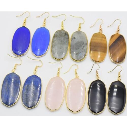 Oval Natural Stone Dangle Earrings Yellow Gold Color Hook Crystal Tiger Eye Black Onyx Lapis Women Female Eardrop Luxury Jewelry