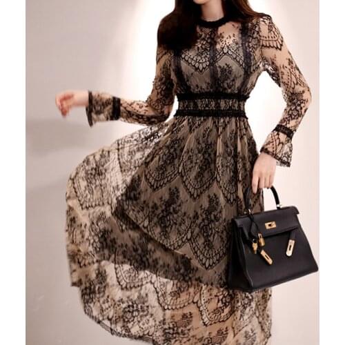 Pullover Spring 2021 Elegant Sexy Women Vintage Lace Long Sleeve O-Neck Femme OL High Waist Casual Slim Party Dresses 071B