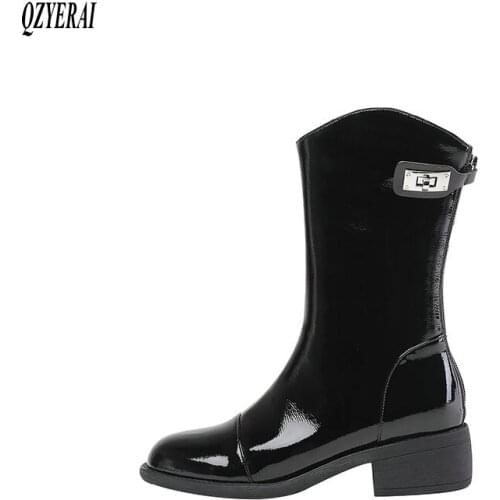 QZYERAI New winter Women boots Genuine leather Riding boots motorcycle mirror Female boots European Women shoes